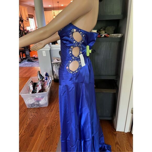 Masquerade Royal Blue Side Cut Out Strapless Crystal Embellished Satin apron Dre - Picture 5 of 8